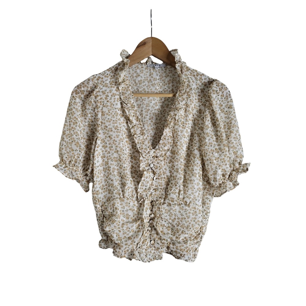 Iris Floral Ruffle V-Neck Puff Sleeve Smocked Blouse Cream Tan S Cottage Chic